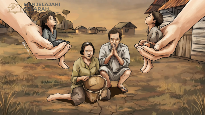 Ilustrasi sejarah transmigrasi Indonesia dengan permukiman sederhana dan lahan pertanian